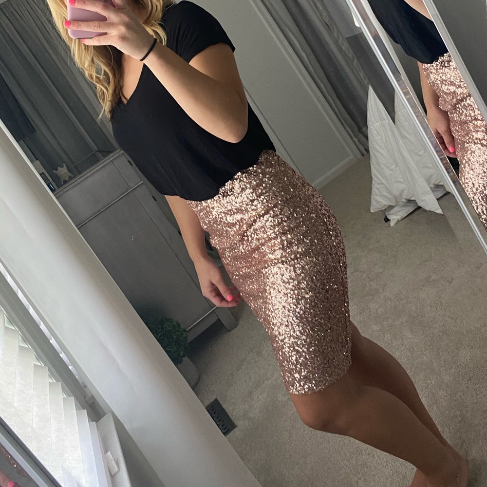 Rose Gold Sequin Midi Pencil Skirt